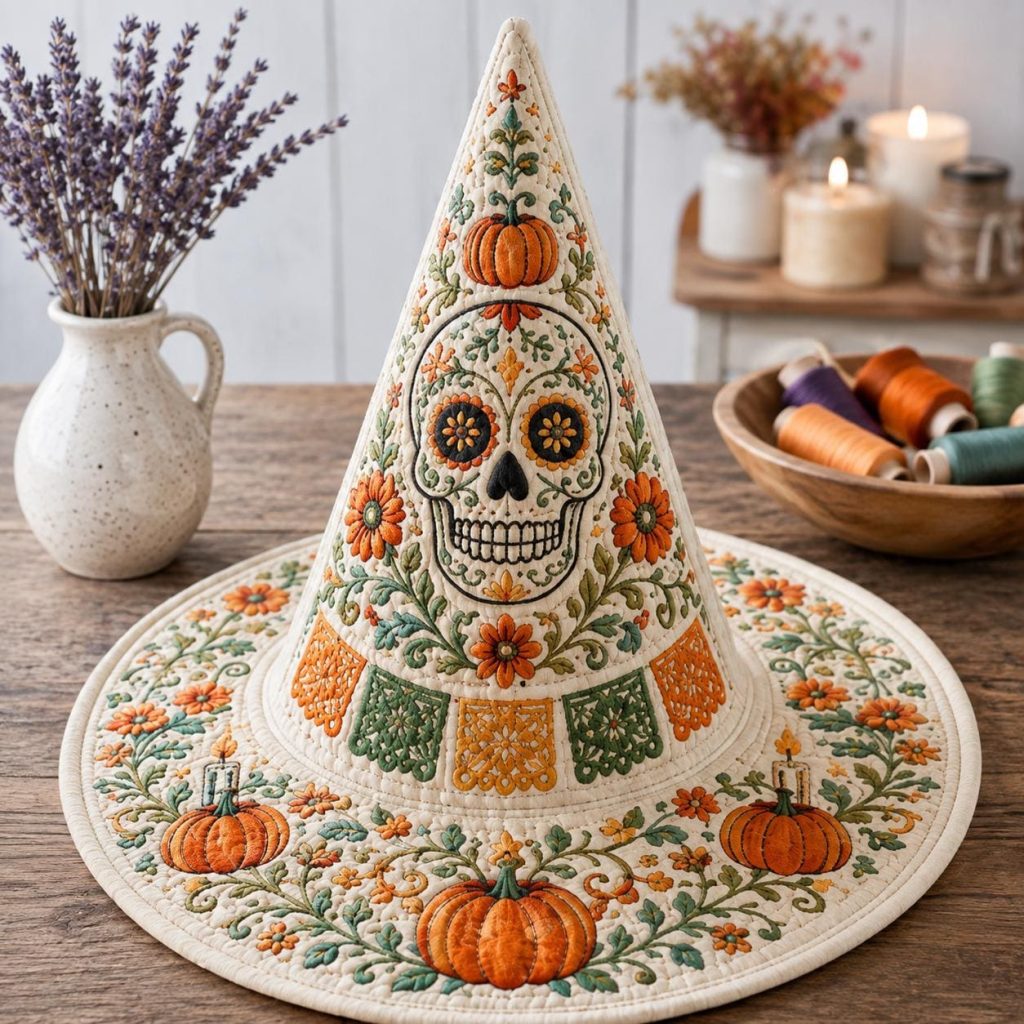 Sugar Skull Pumpkin Quilted Witch Hat HG HG , Floral Halloween Decor, Day of the Dead Witch Hat HG , Fall Witchcore Table Decor, Skull Gift