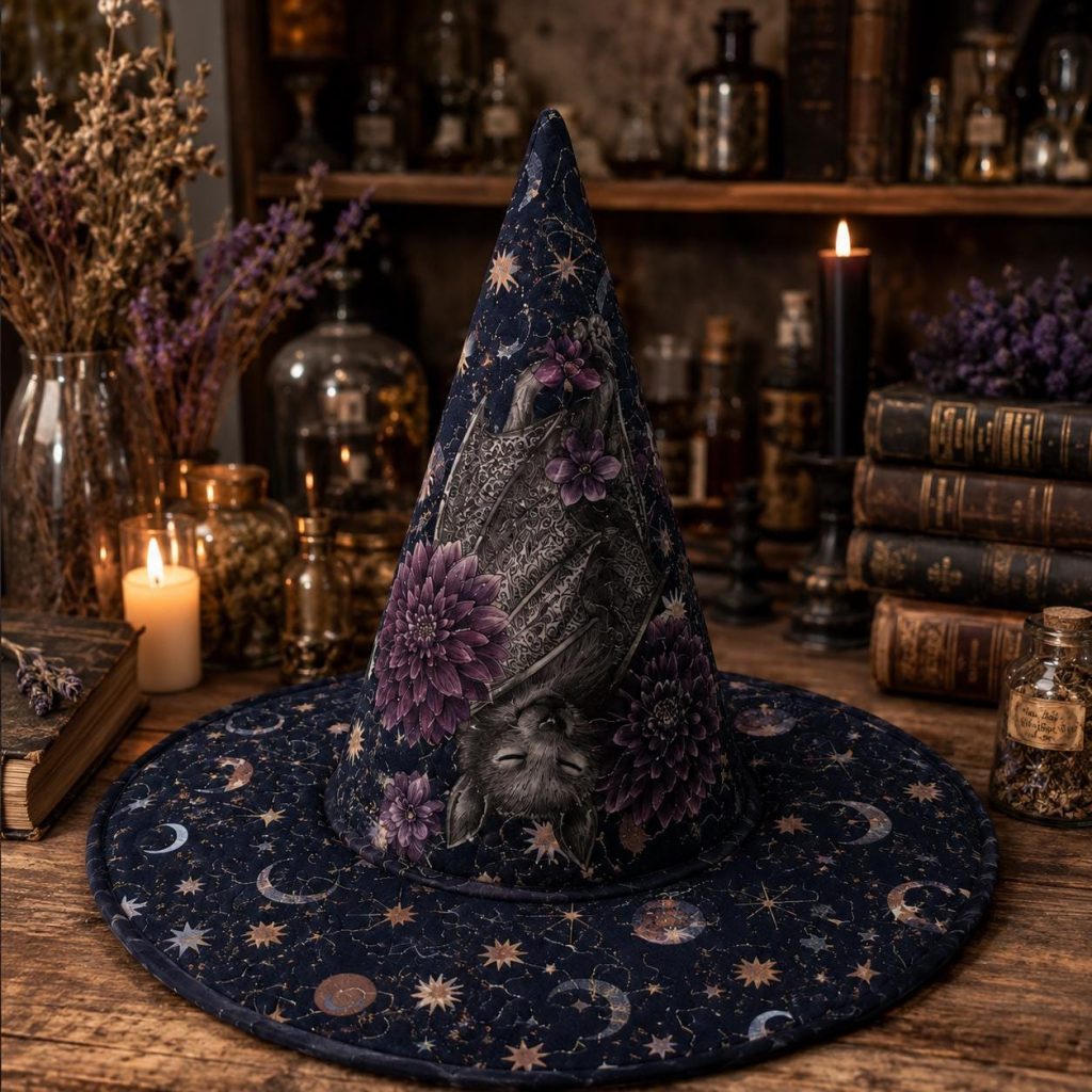 Quilted Witch Hat HG  HG , Celestial Moon Star Witch Costume Hat, Floral Gothic Wizard Hat, Cottagecore Halloween Witchy Gift