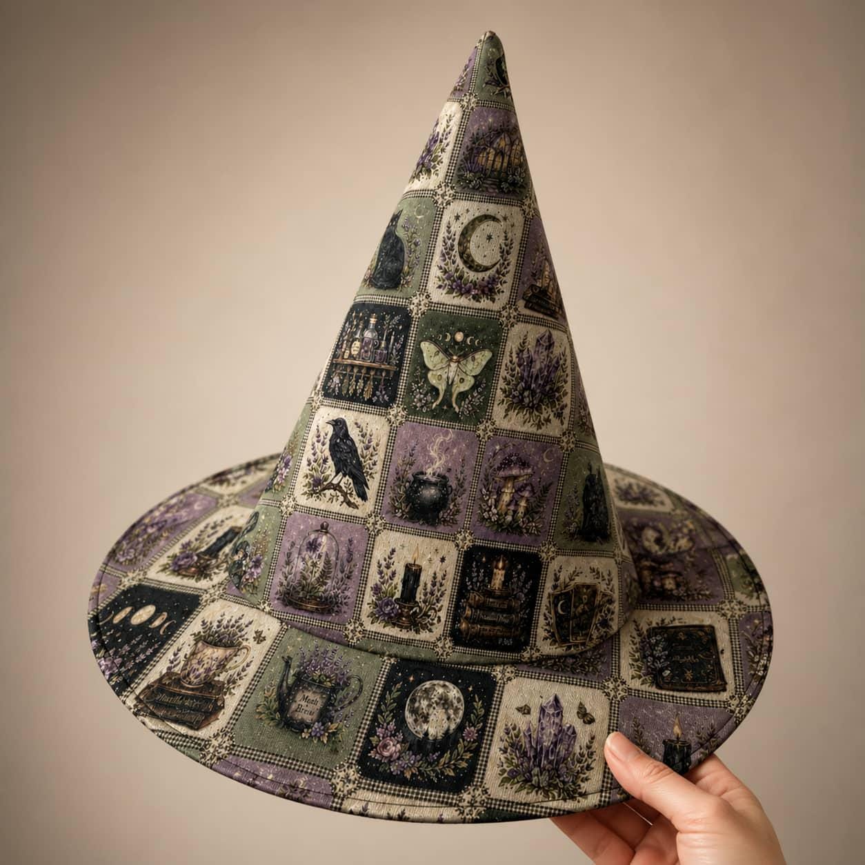Quilted Botanical Witch Hat HG : Witchcore Grid Patchwork Halloween Costume Wide Brim Headwear - Image 4