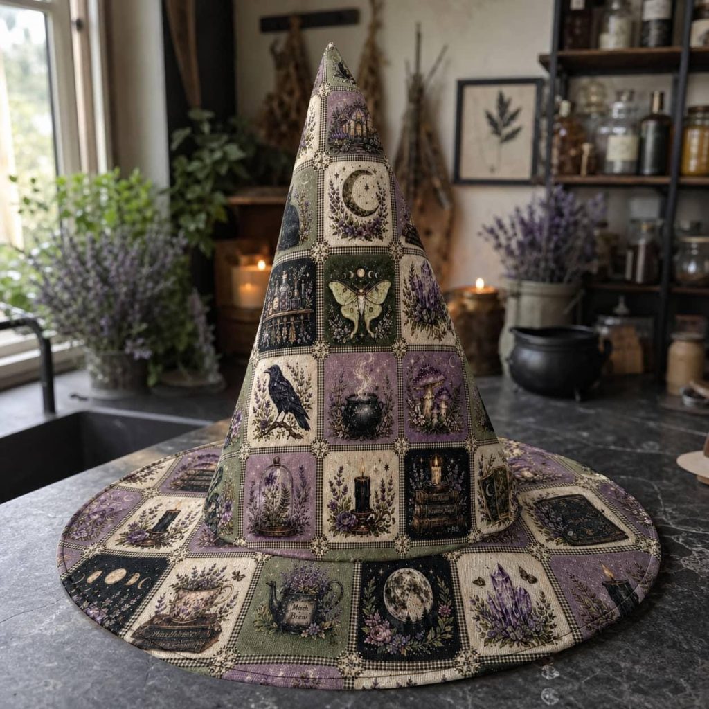 Quilted Botanical Witch Hat HG : Witchcore Grid Patchwork Halloween Costume Wide Brim Headwear