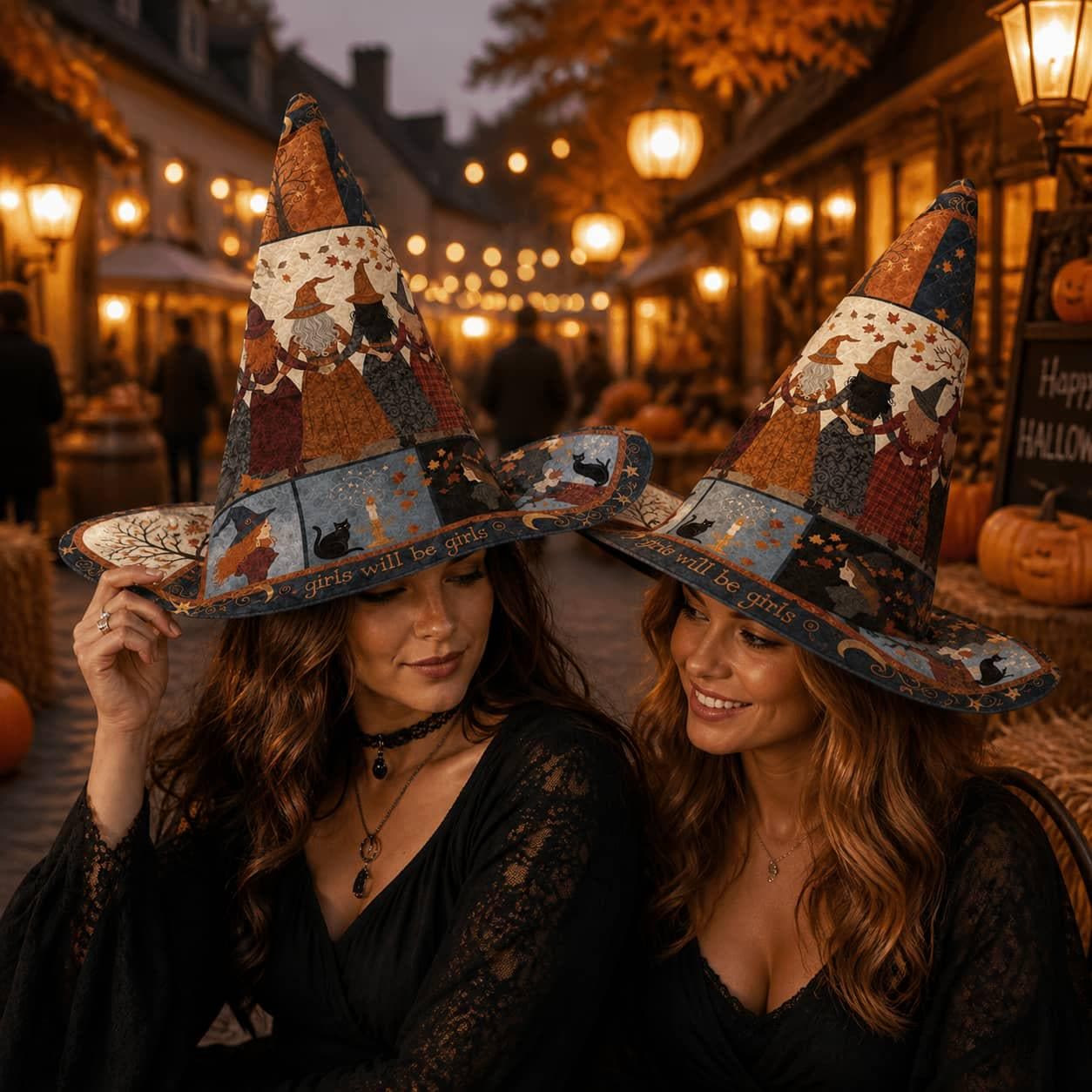 Quilted Witch Hat HG HG : Girls Coven Patchwork Halloween Headwear, Black Cat Costume Accessory - Image 2