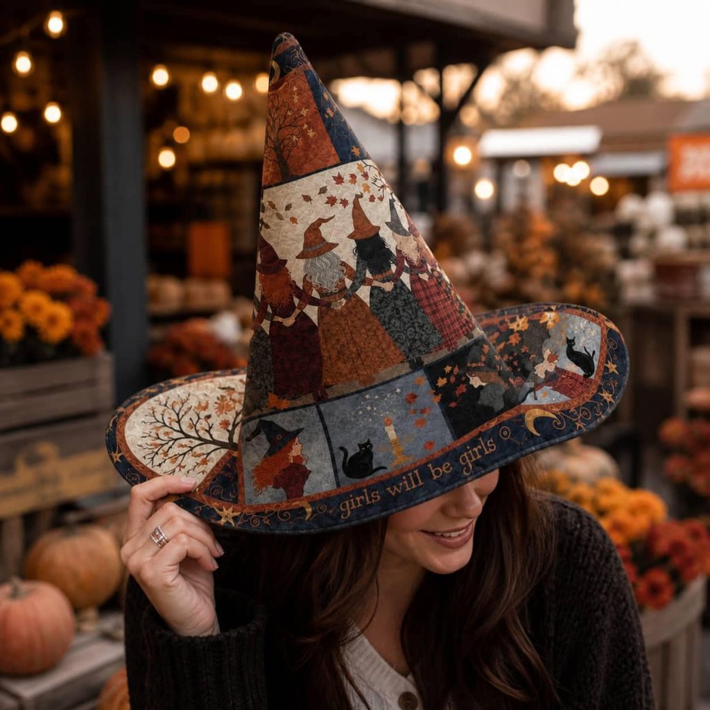 Quilted Witch Hat HG HG : Girls Coven Patchwork Halloween Headwear, Black Cat Costume Accessory