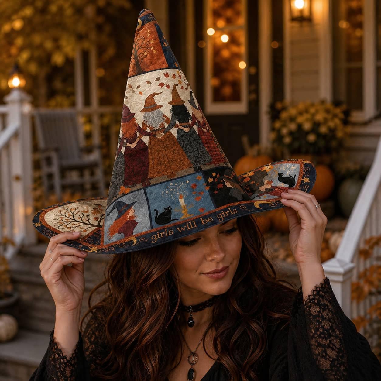 Quilted Witch Hat HG HG : Girls Coven Patchwork Halloween Headwear, Black Cat Costume Accessory - Image 5