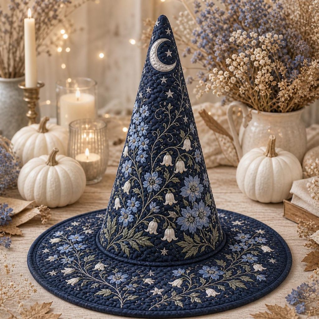 Personalized Quilted Witch Hat HG  HG , Navy Floral Moon Stars, Gothic Cottagecore Décor