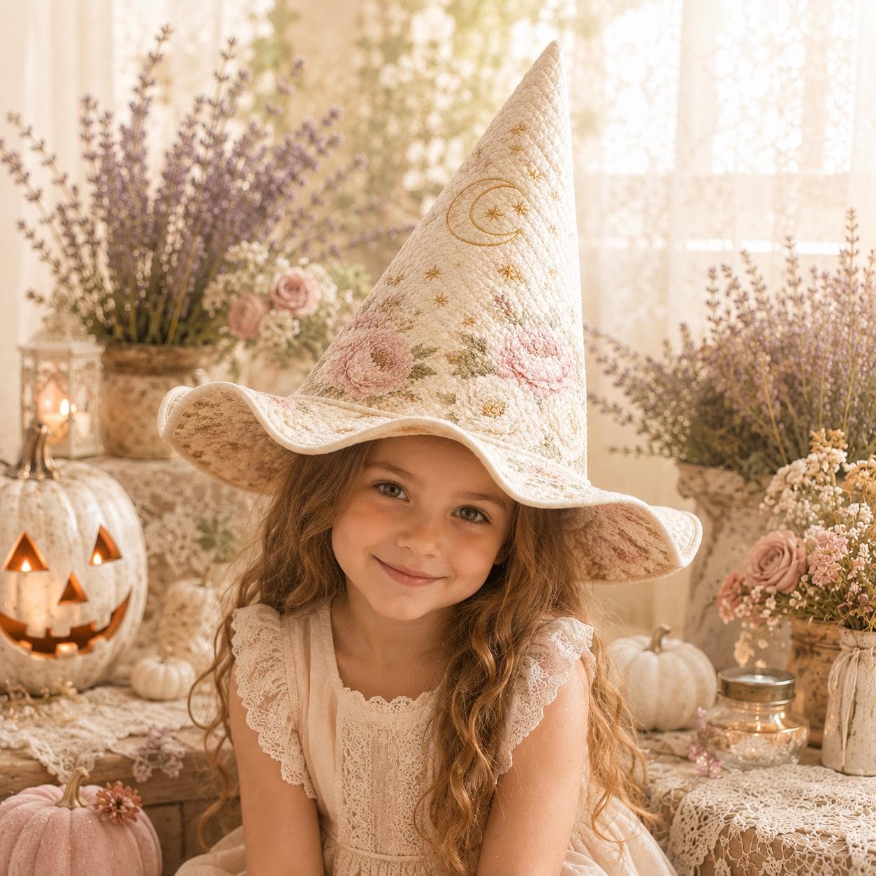 Personalized Quilted Witch Hat HG HG , Pink Peony Floral Moon Halloween Decor (Custom Name) - Image 4