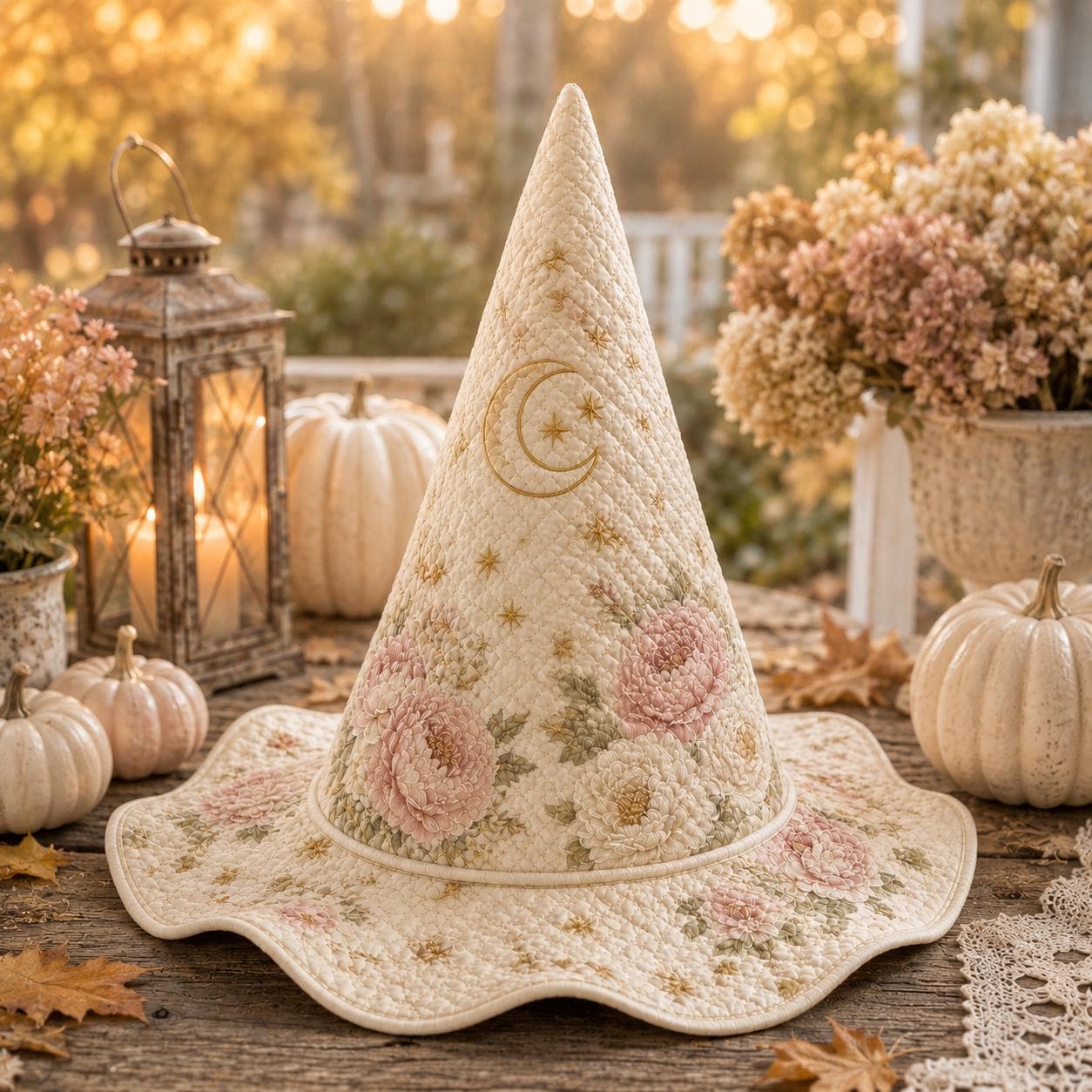 Personalized Quilted Witch Hat HG HG , Pink Peony Floral Moon Halloween Decor (Custom Name) - Image 3