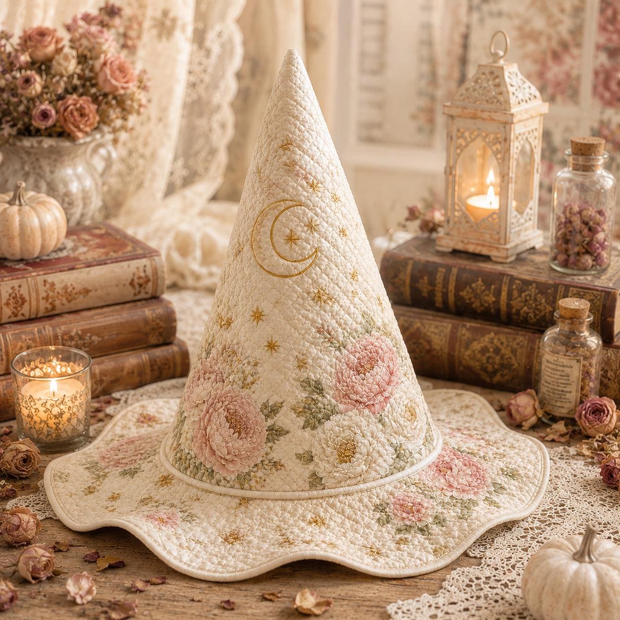 Personalized Quilted Witch Hat HG HG , Pink Peony Floral Moon Halloween Decor (Custom Name) - Image 5