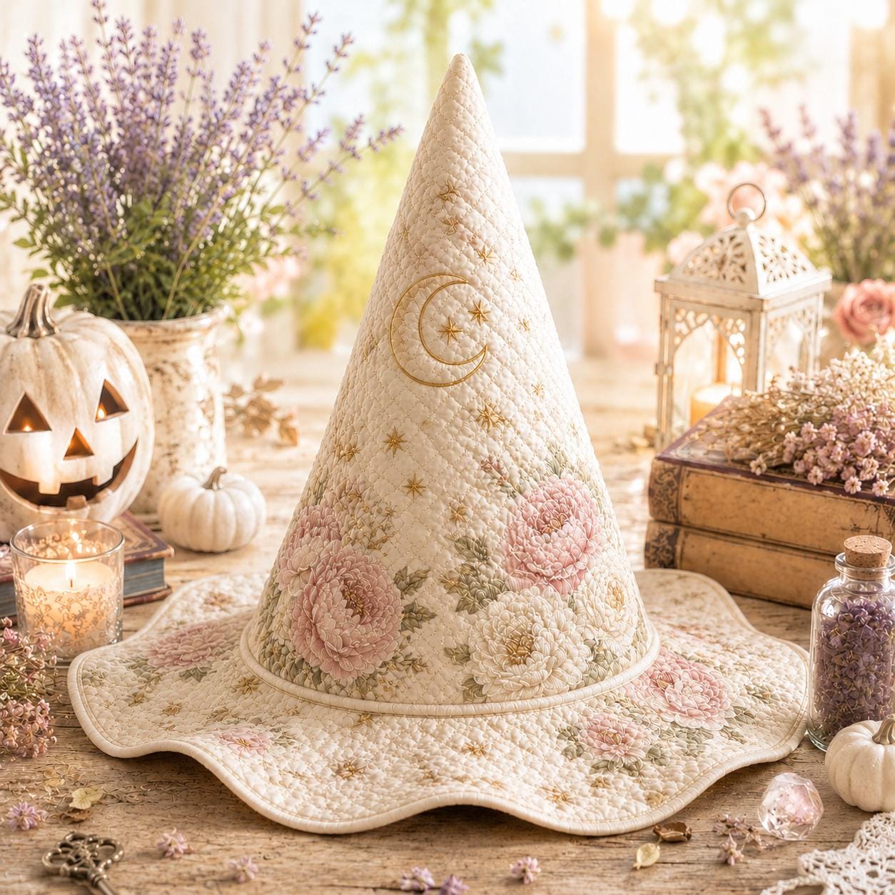 Personalized Quilted Witch Hat HG HG , Pink Peony Floral Moon Halloween Decor (Custom Name) - Image 2