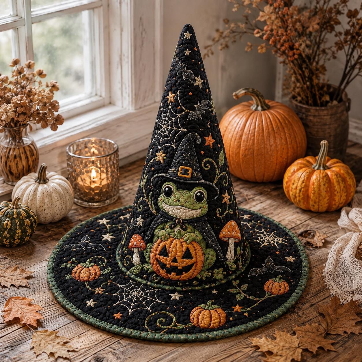 Personalized Quilted Witch Hat HG HG , Custom Name Halloween Décor, Frog Pumpkin - Image 2