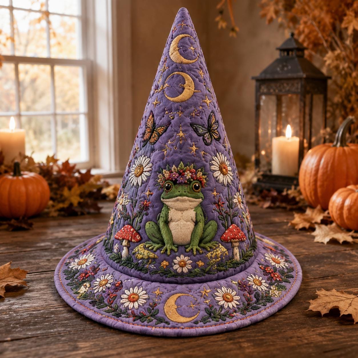 Personalized Quilted Witch Hat HG HG , Purple Floral Frog, Moon Stars (Custom Name) - Image 4