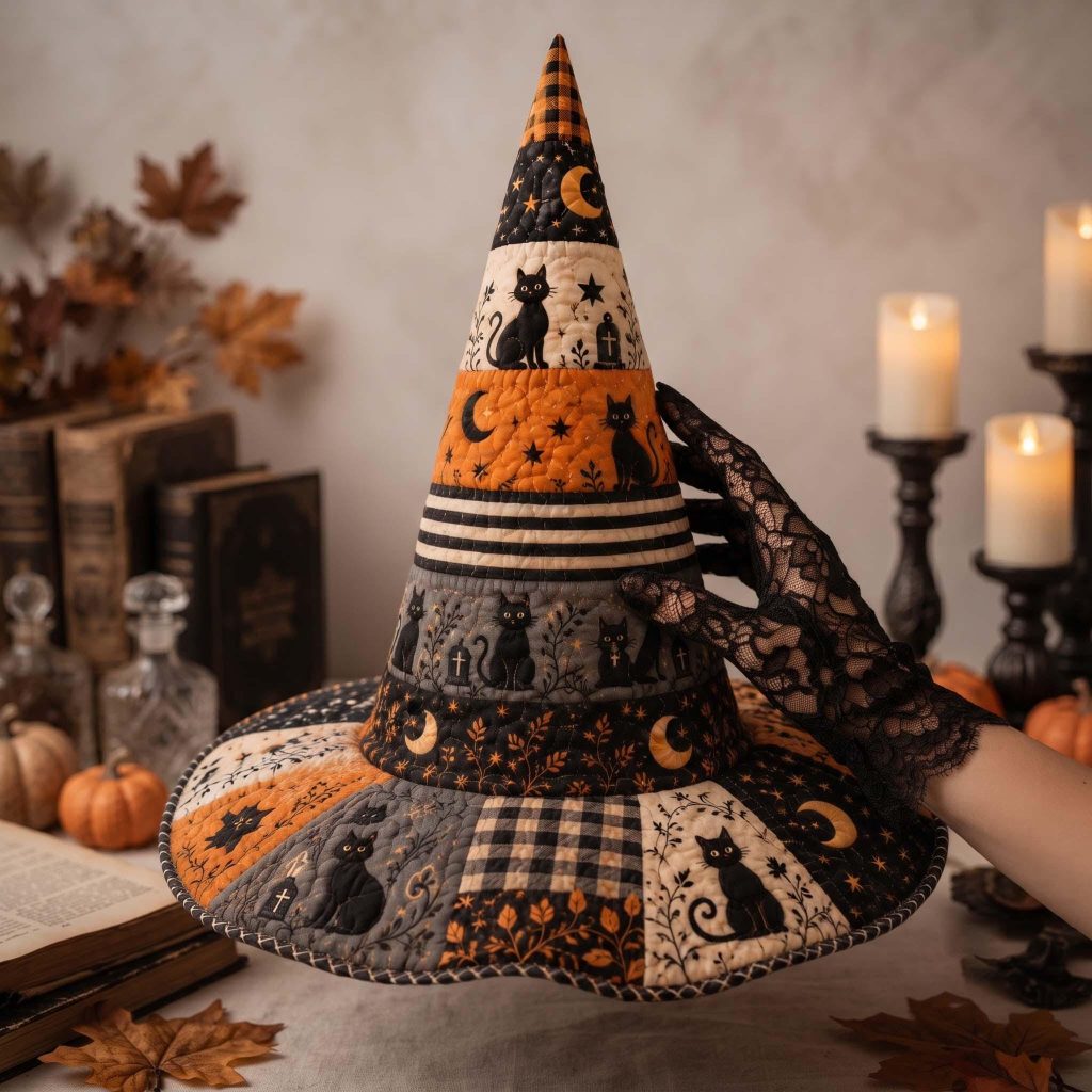 Black Cat Patchwork Quilted Witch Hat HG HG : Spooky Botanical Fall Accessory, Halloween Gift
