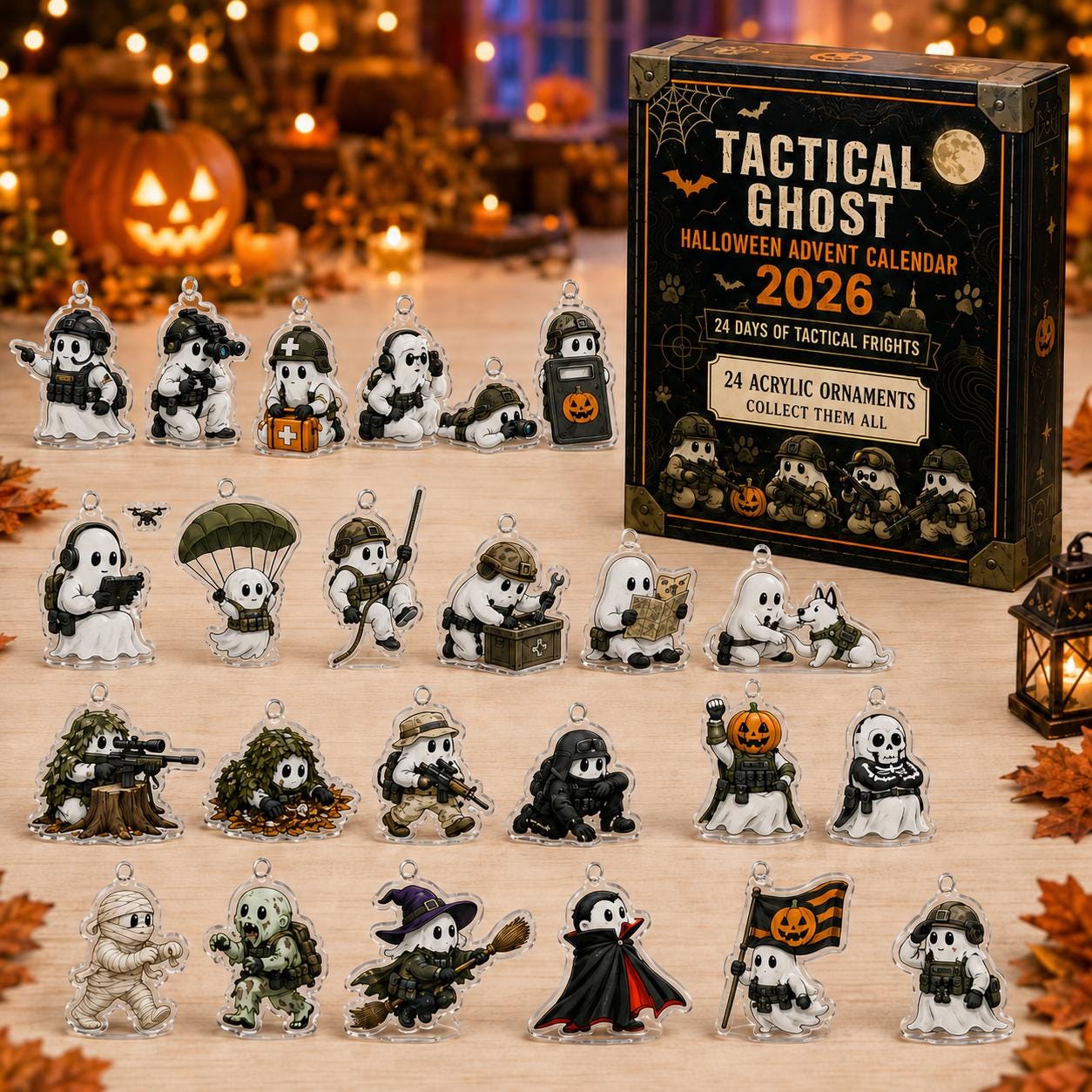 2026 Halloween Tactical Ghost Advent Calendar HG, 24 Spooky Surprise Acrylic Figurines, Gothic Military Collectible Holiday Gift