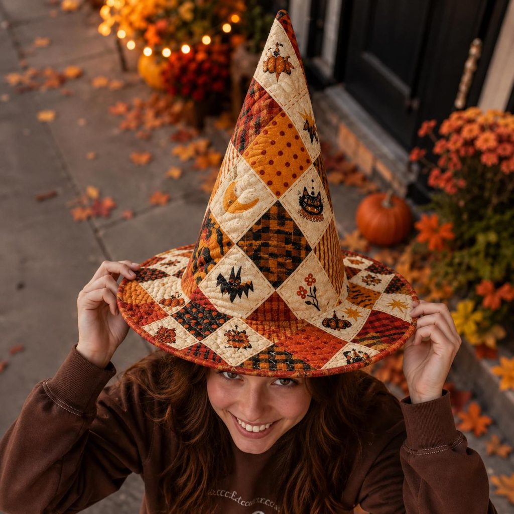 Quilted Witch Hat HG HG , Patchwork Halloween Costume Hat, Cute Fall Witch Hat HG , Handmade Spooky Season Accessory, Pumpkin Cat Witch Hat HG Gift
