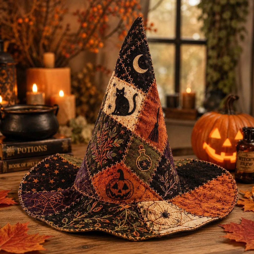 Quilted Witch Hat HG  HG , Halloween Black Cat Pumpkin Hat, Celestial Cottagecore Costume, Spooky Botanical Fall Accessory, Witchy Gift for Her