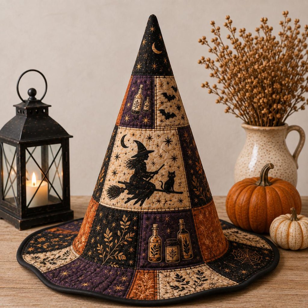 Quilted Witch Hat HG  HG  Halloween Witch Flying Broom Black Cat, Celestial Cottagecore Costume, Spooky Botanical Fall Accessory, Witchy Gift