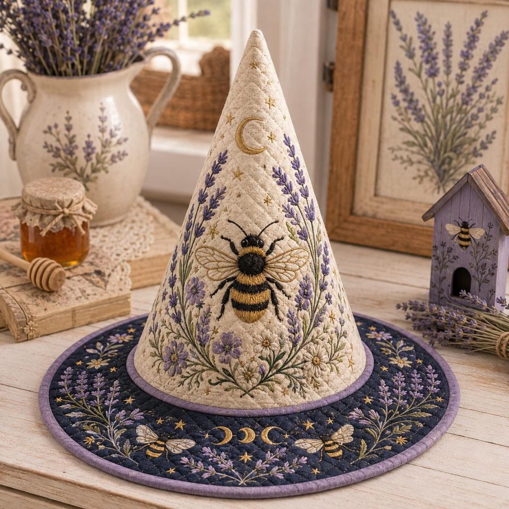 Bee Lavender Quilted Witch Hat HG HG , Celestial Moon Witch Hat HG , Cottagecore Halloween Decor, Witchy Home Decor, Unique Witch Gift