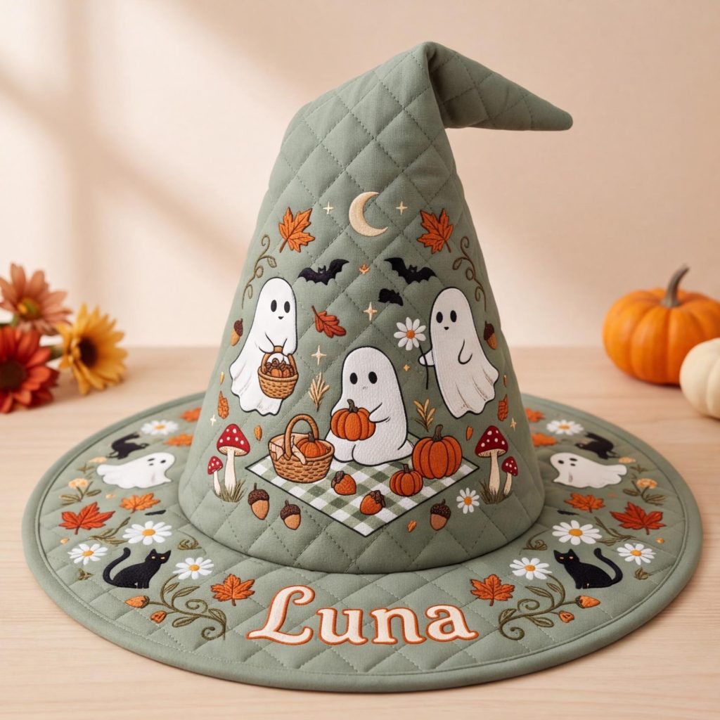 All Over Print Quilted Witch Hat HG HG , Cute Ghost Picnic Halloween Hat, Sage Green Autumn Costume