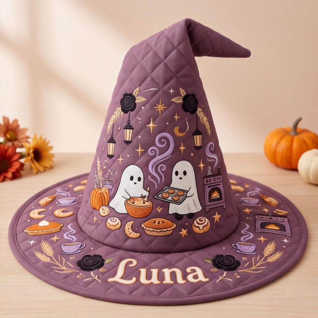 All Over Print Quilted Witch Hat HG HG , Ghost Baking Halloween Hat, Cozy Autumn Spooky Costume