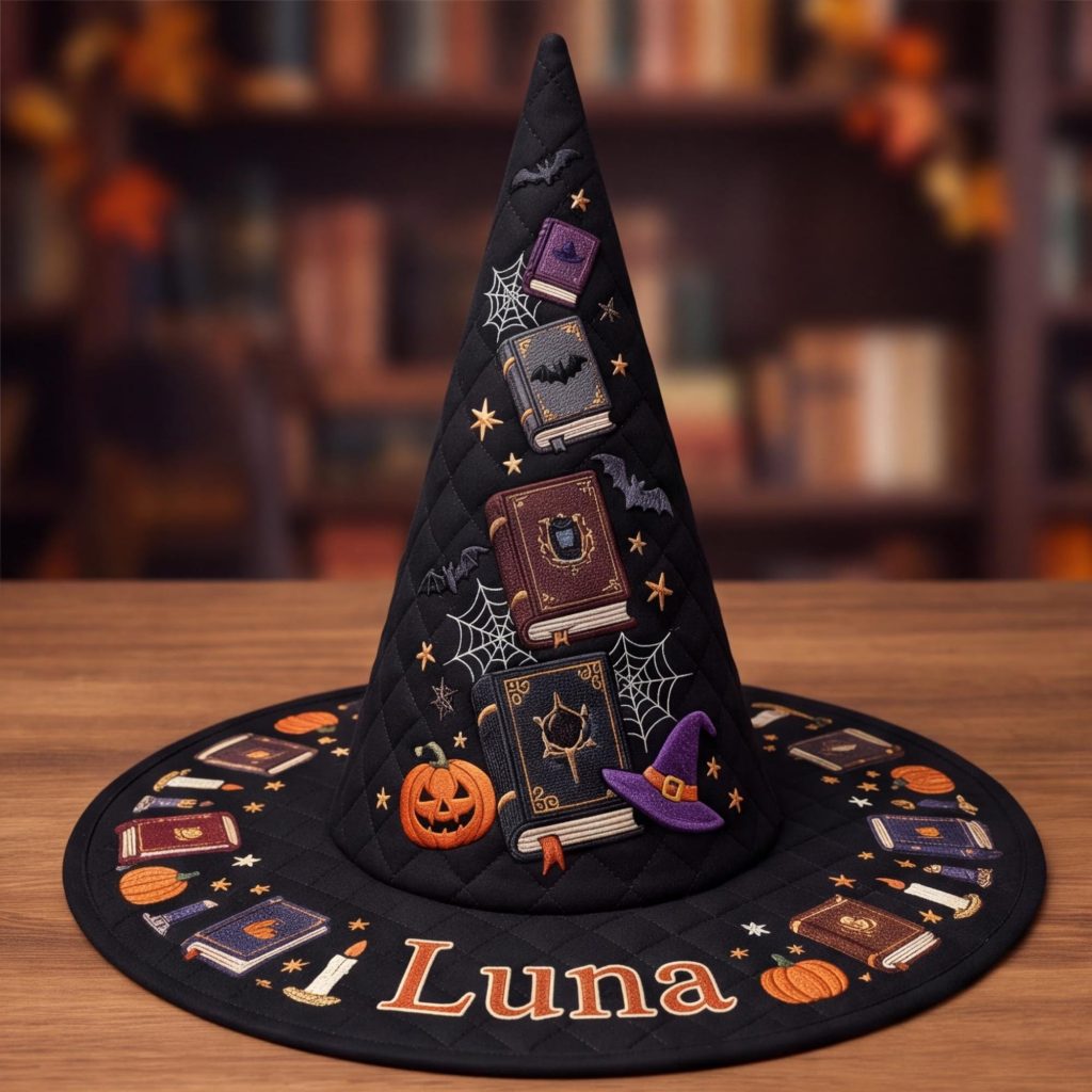 All Over Print Quilted Witch Hat HG HG , Spellbook Bat Halloween Hat, Gothic Bookish Costume