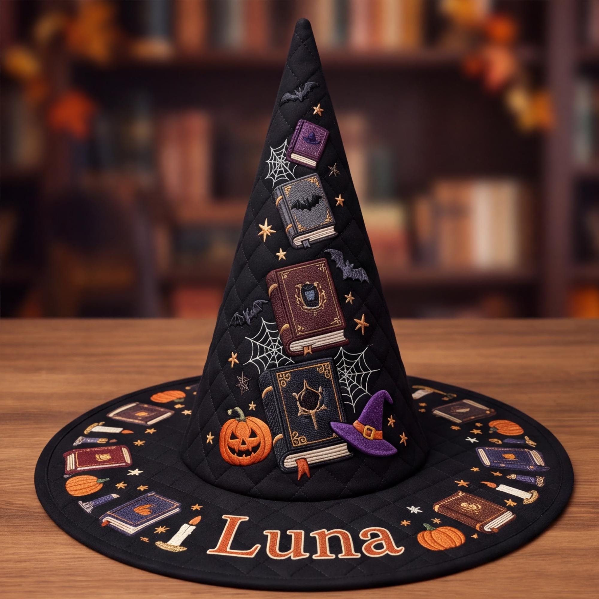 All Over Print Quilted Witch Hat HG HG , Spellbook Bat Halloween Hat, Gothic Bookish Costume