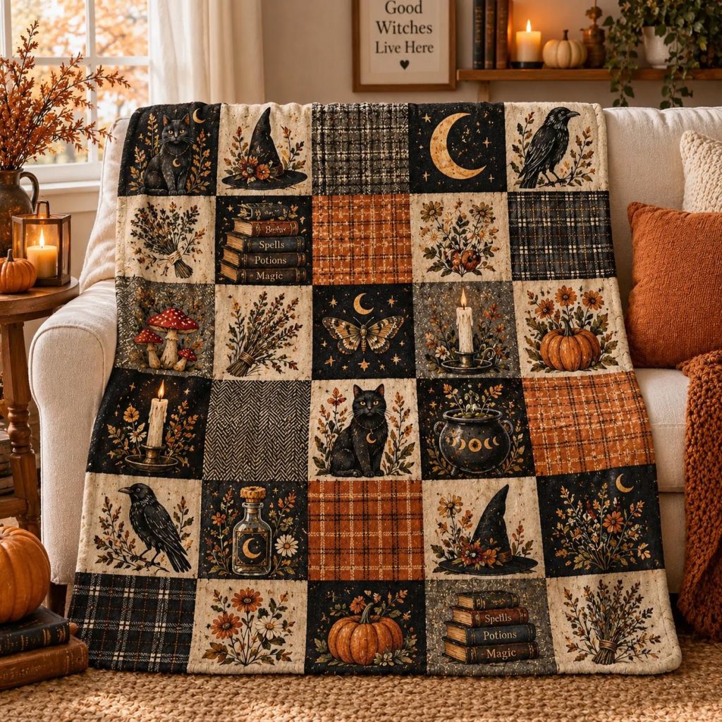 Witchy Patchwork Sherpa Blanket, Vintage Halloween Black Cat Witch Hat HG  Throw, Gothic Autumn Quilt Style Blanket, Cozy Spooky Home Decor