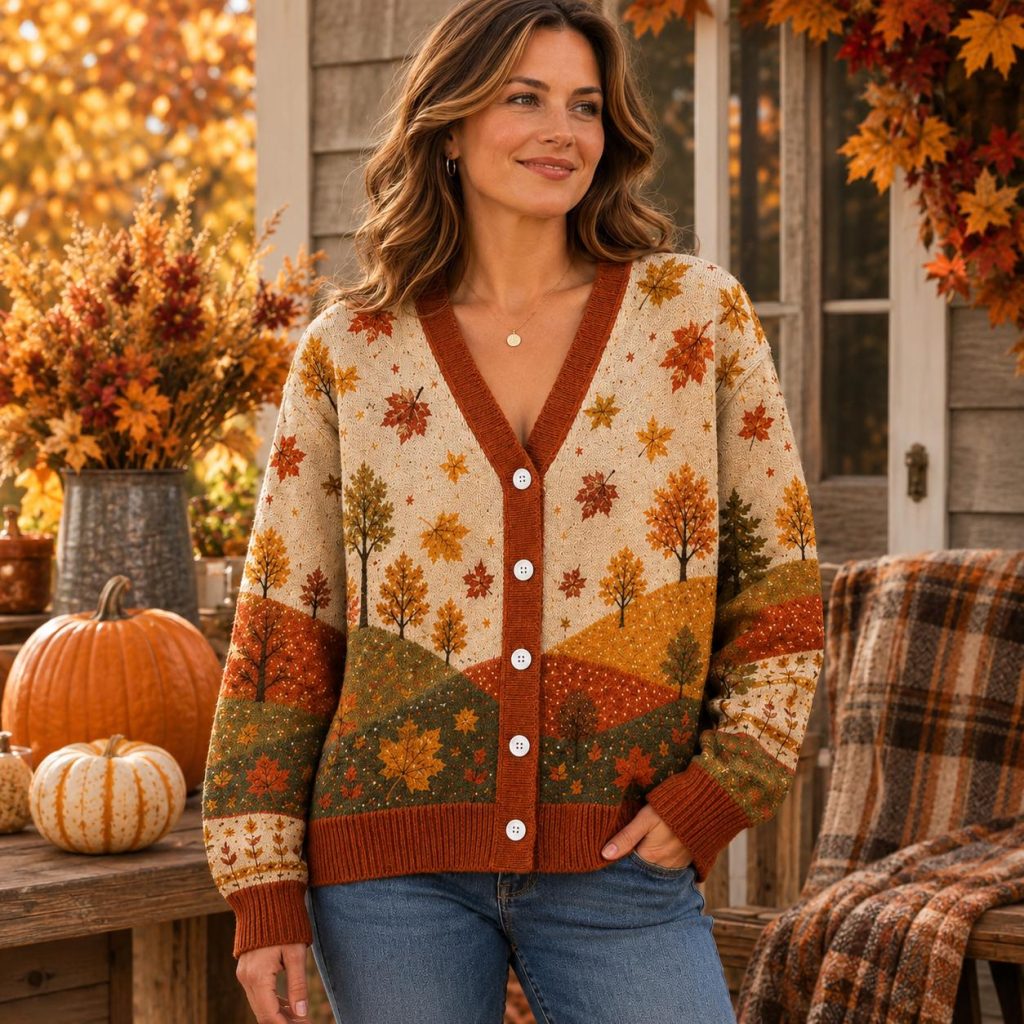 Autumn Cardigan HG for Women, Fall Leaves Sweater, Cozy Fall Knit Cardigan HG , Autumn Tree Sweater, Thanksgiving Gift, Cottagecore Fall Outfit