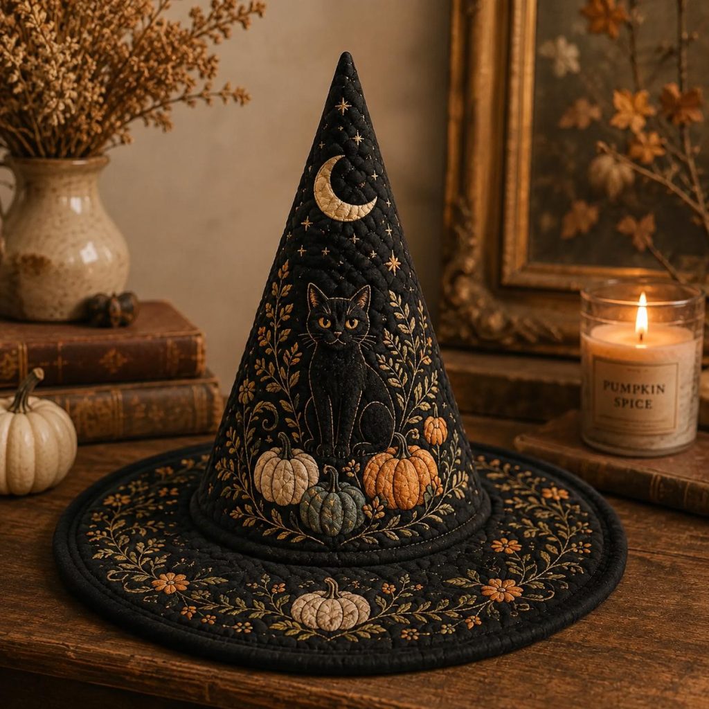 Quilted Witch Hat HG HG Black Cat Pumpkin Halloween Hat, Celestial Moon Cottagecore Costume, Botanical Gothic Accessory, Witchy Fall Gift