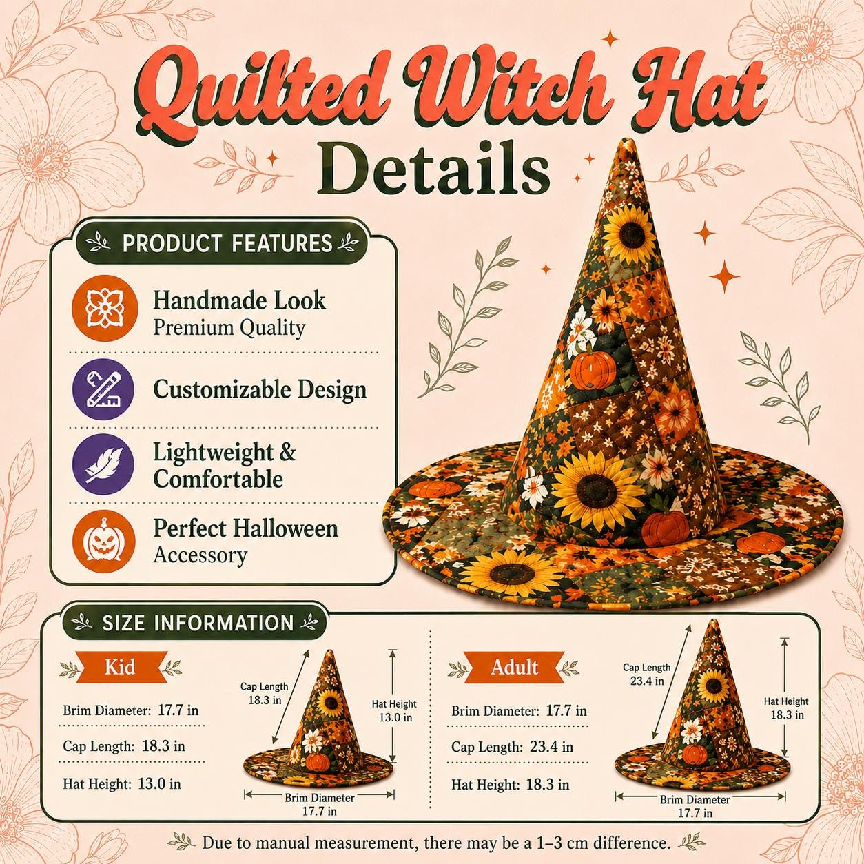 Quilted Halloween Witch Hat HG , Luna Moth Pumpkin Patchwork Decor, Witchy Fall Table Centerpiece, Gothic Autumn Home Decor - Image 6