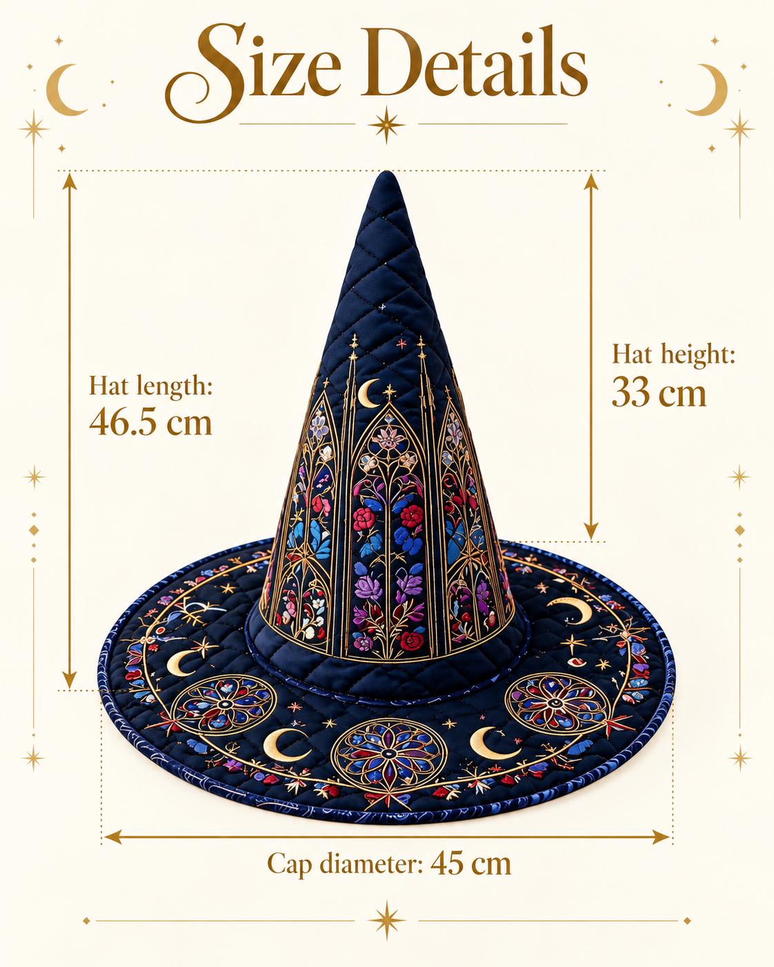 Stained Glass Witch Hat HG Decor, Gothic Cathedral Embroidered Navy Quilted Hat - Image 3