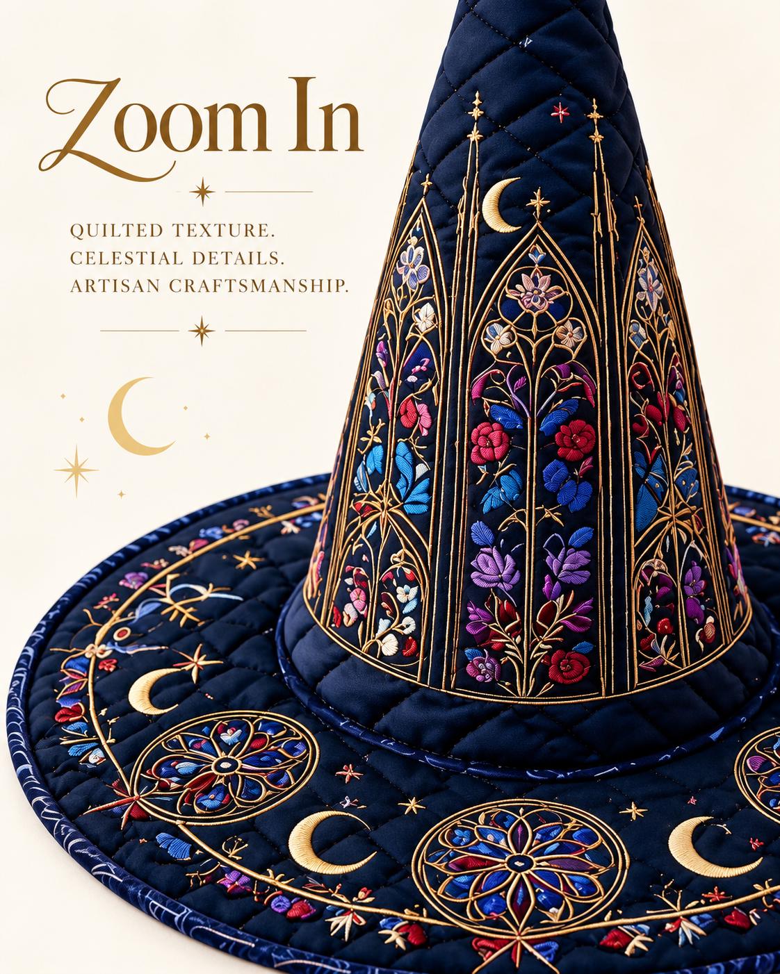 Stained Glass Witch Hat HG Decor, Gothic Cathedral Embroidered Navy Quilted Hat - Image 2