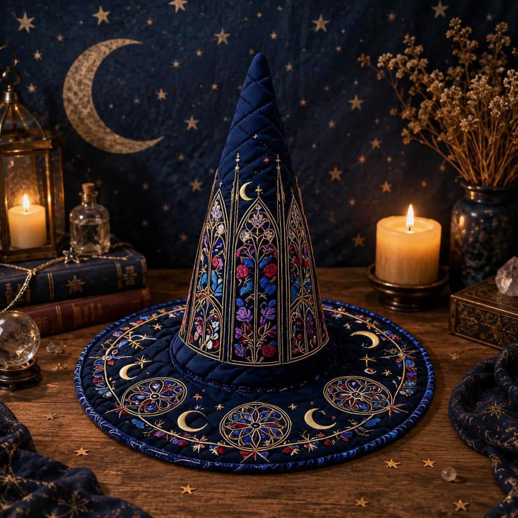Stained Glass Witch Hat HG Decor, Gothic Cathedral Embroidered Navy Quilted Hat