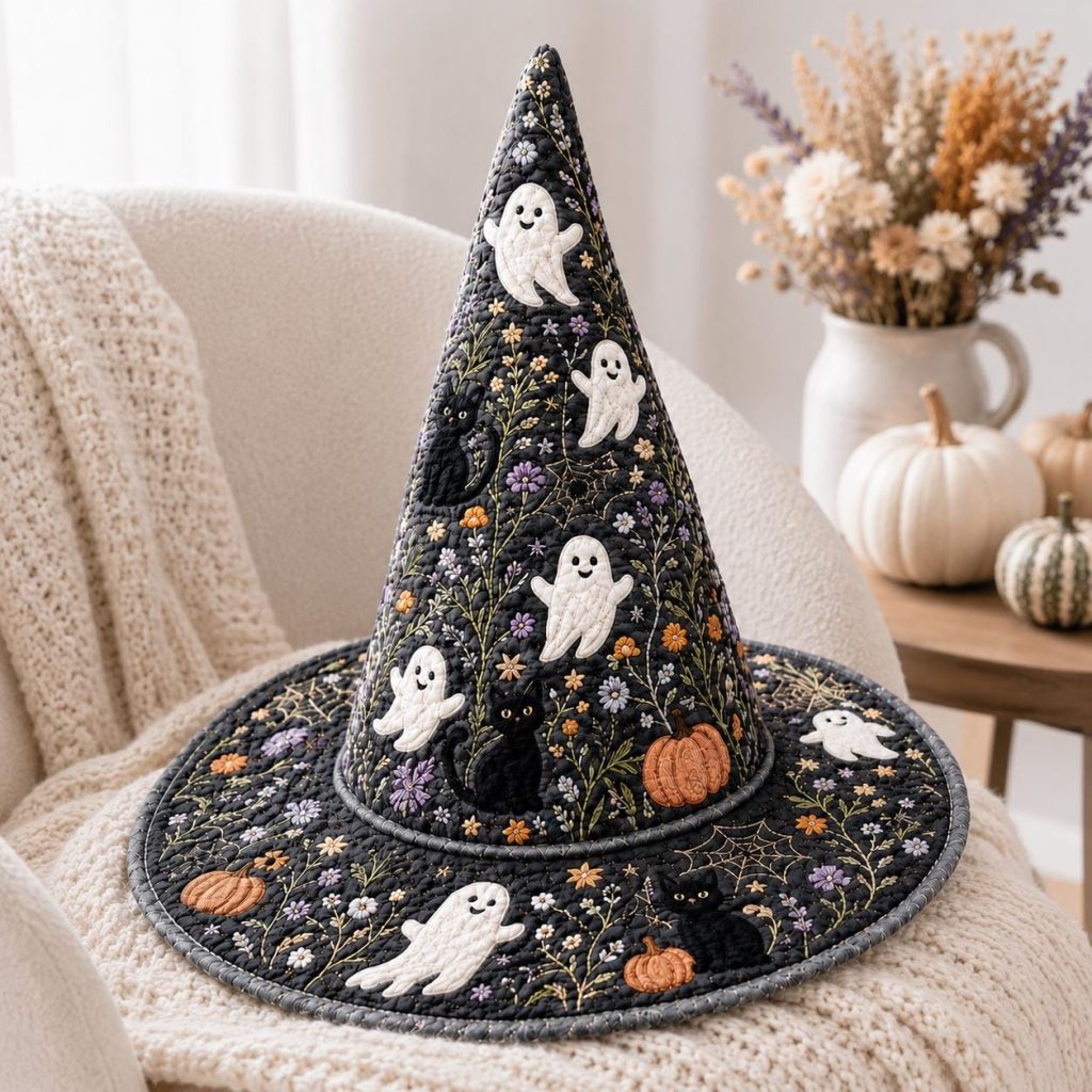 Vintage Quilted Witch Hat HG HG , Custom Halloween Floral Ghost Black Cat Printed Decor Hat