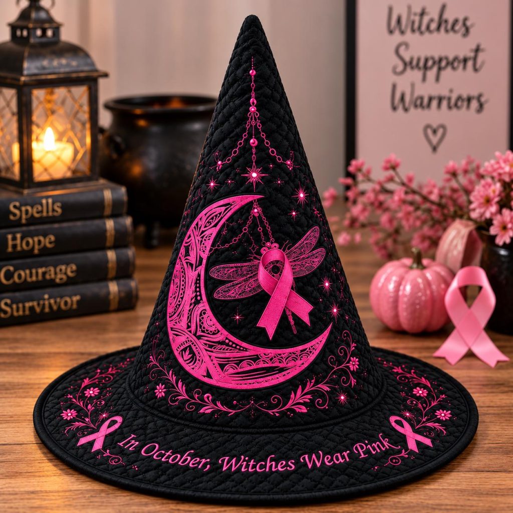 Vintage Pink Witch Hat HG , Quilted Printed Black Hat, Breast Cancer Halloween Gift