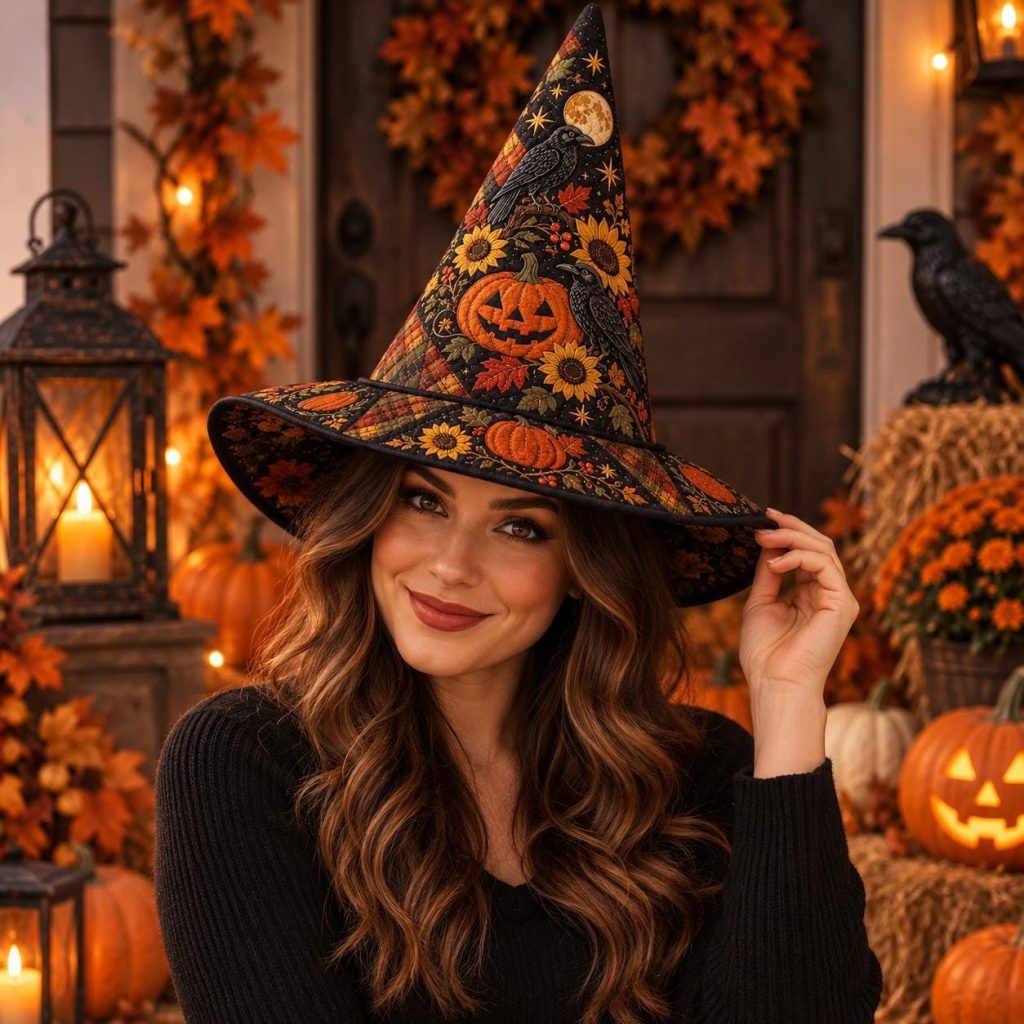 Autumn Raven Witch Hat HG , Pumpkin Sunflower Quilt Halloween Hat, Plaid Witch Costume Accessory, Fall Spooky Season Hat