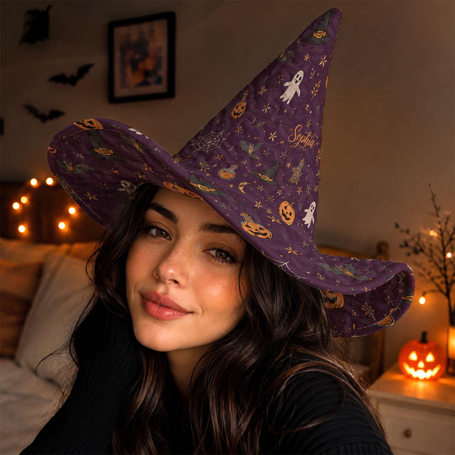 Personalized Quilted Halloween Witch Hat HG , Custom Name Witch Hat HG , Bat Pumpkin Ghost Halloween Hat, Halloween Costume Accessory, Witch Costume - Image 2