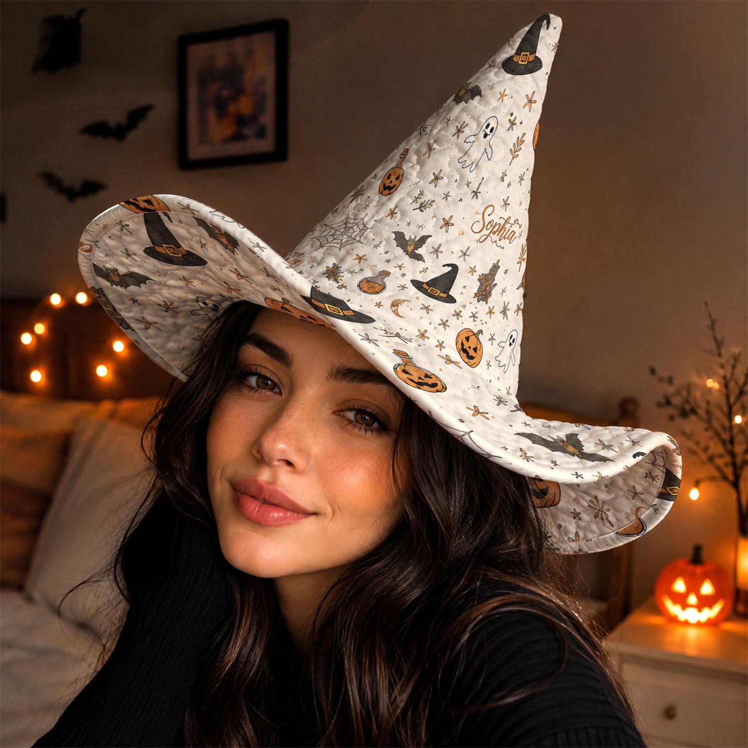 Personalized Quilted Halloween Witch Hat HG , Custom Name Witch Hat HG , Bat Pumpkin Ghost Halloween Hat, Halloween Costume Accessory, Witch Costume - Image 3
