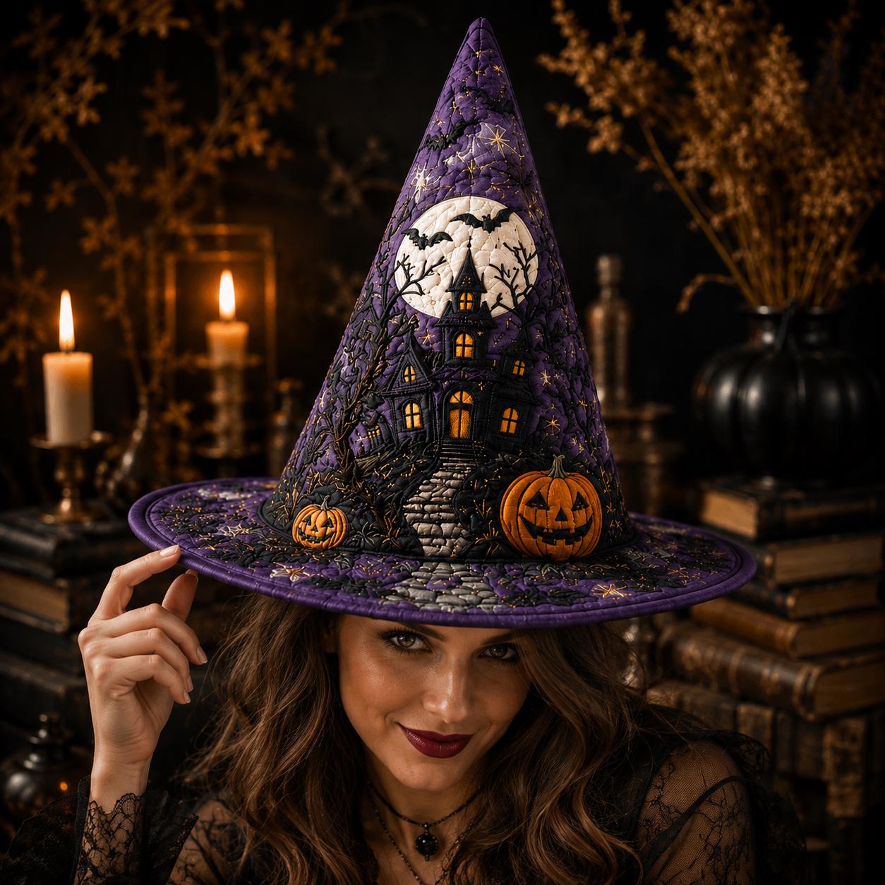 Purple Quilted Witch Hat HG HG , Haunted House Jack O Lantern Halloween Hat - Image 2