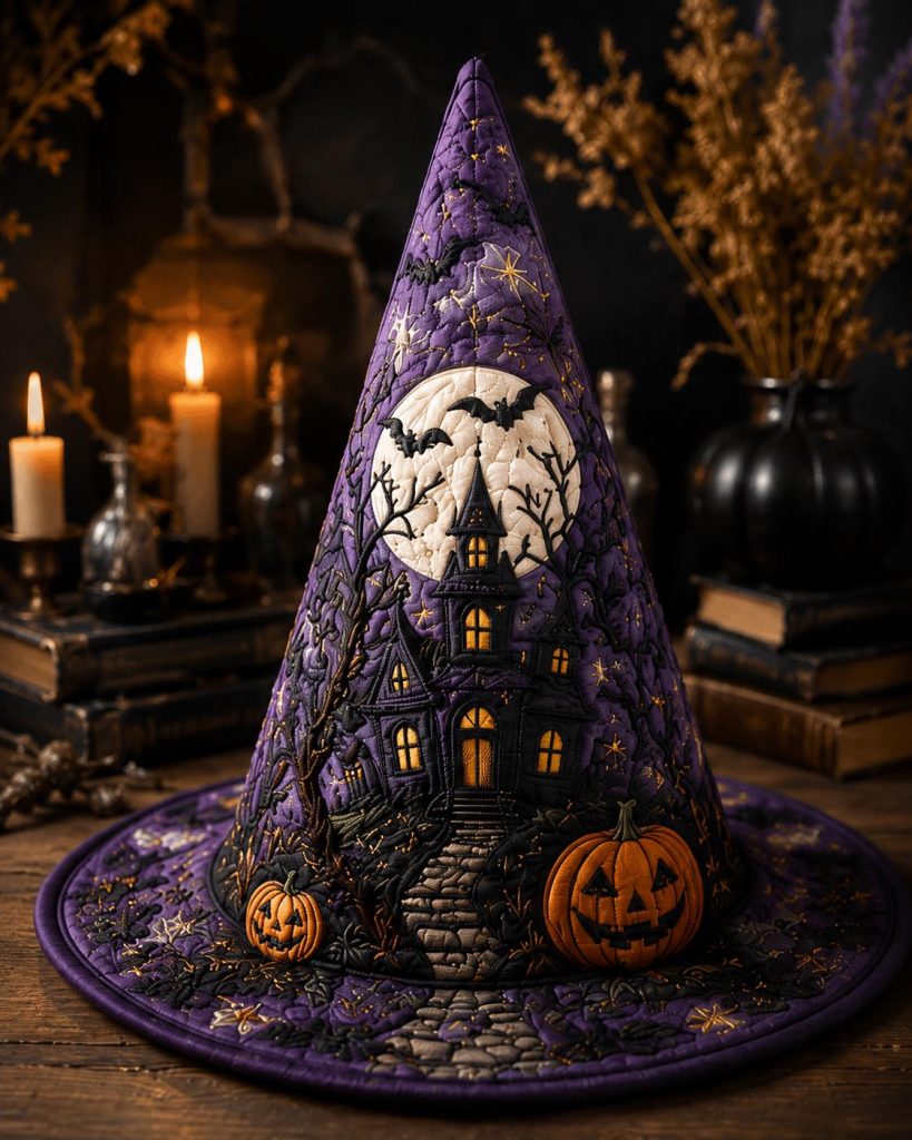 Purple Quilted Witch Hat HG  HG , Haunted House Jack O Lantern Halloween Hat
