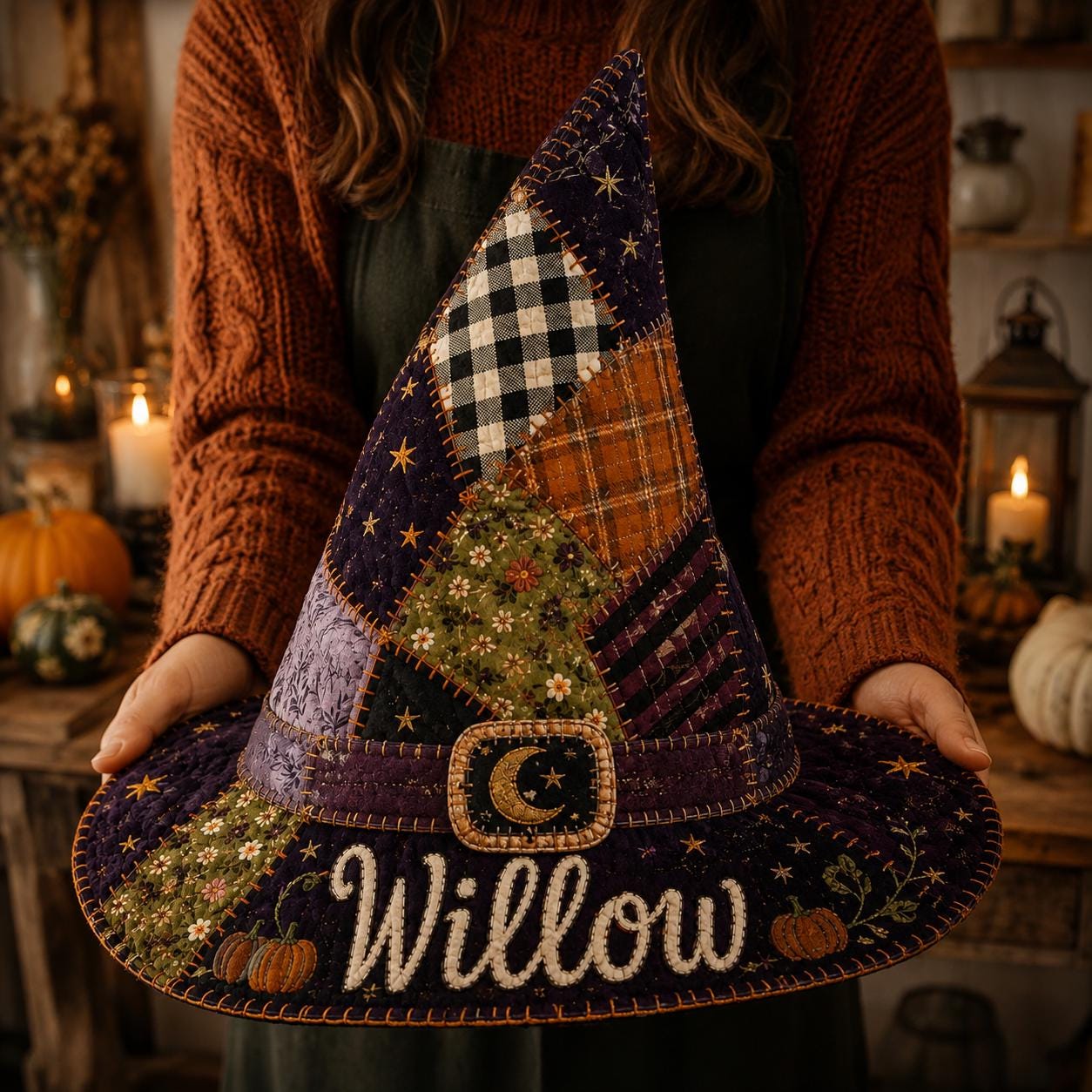 Personalized Quilted Witch Hat HG HG Halloween Decor, Custom Name Patchwork Witch Hat HG , Purple Orange Fall Table Centerpiece, Spooky Home Gift - Image 2