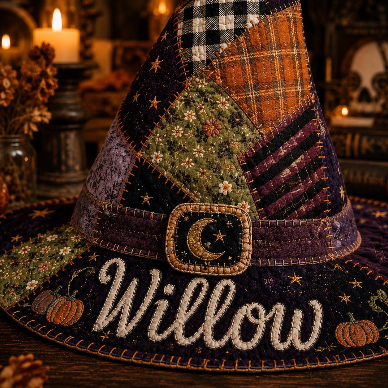 Personalized Quilted Witch Hat HG HG Halloween Decor, Custom Name Patchwork Witch Hat HG , Purple Orange Fall Table Centerpiece, Spooky Home Gift - Image 3