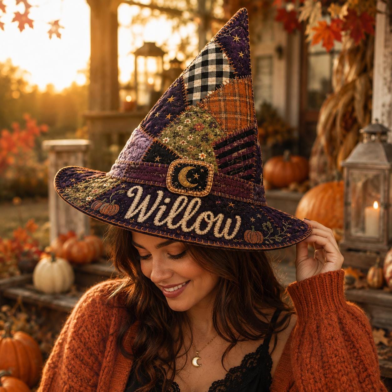 Personalized Quilted Witch Hat HG HG Halloween Decor, Custom Name Patchwork Witch Hat HG , Purple Orange Fall Table Centerpiece, Spooky Home Gift - Image 4