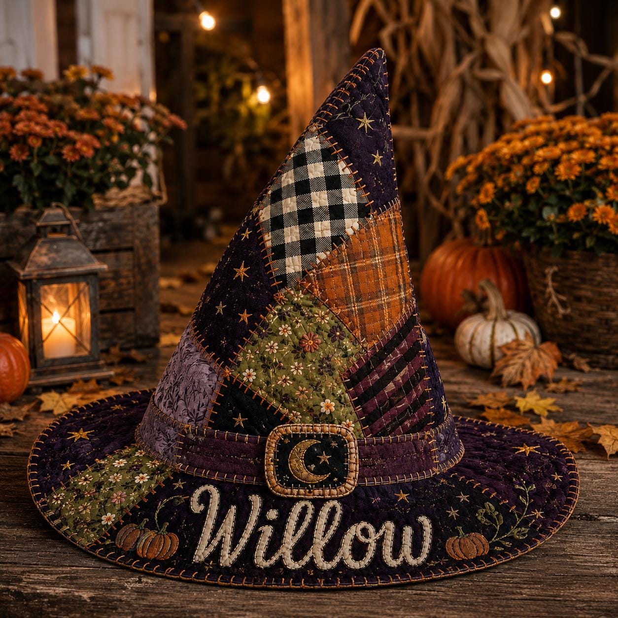 Personalized Quilted Witch Hat HG HG Halloween Decor, Custom Name Patchwork Witch Hat HG , Purple Orange Fall Table Centerpiece, Spooky Home Gift