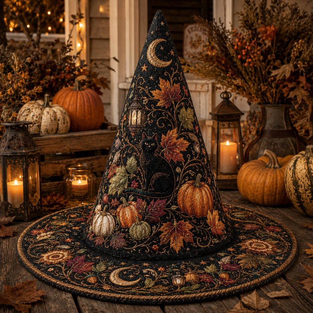 Quilted Witch Hat HG  HG  with Pumpkins, Autumn Decor Halloween Hat