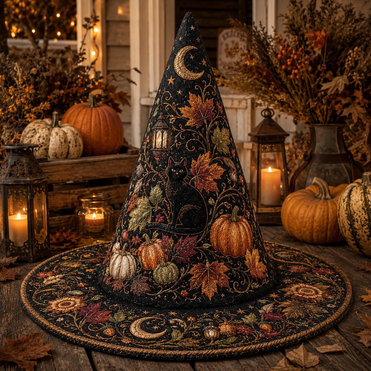 Quilted Witch Hat HG HG with Pumpkins, Autumn Decor Halloween Hat