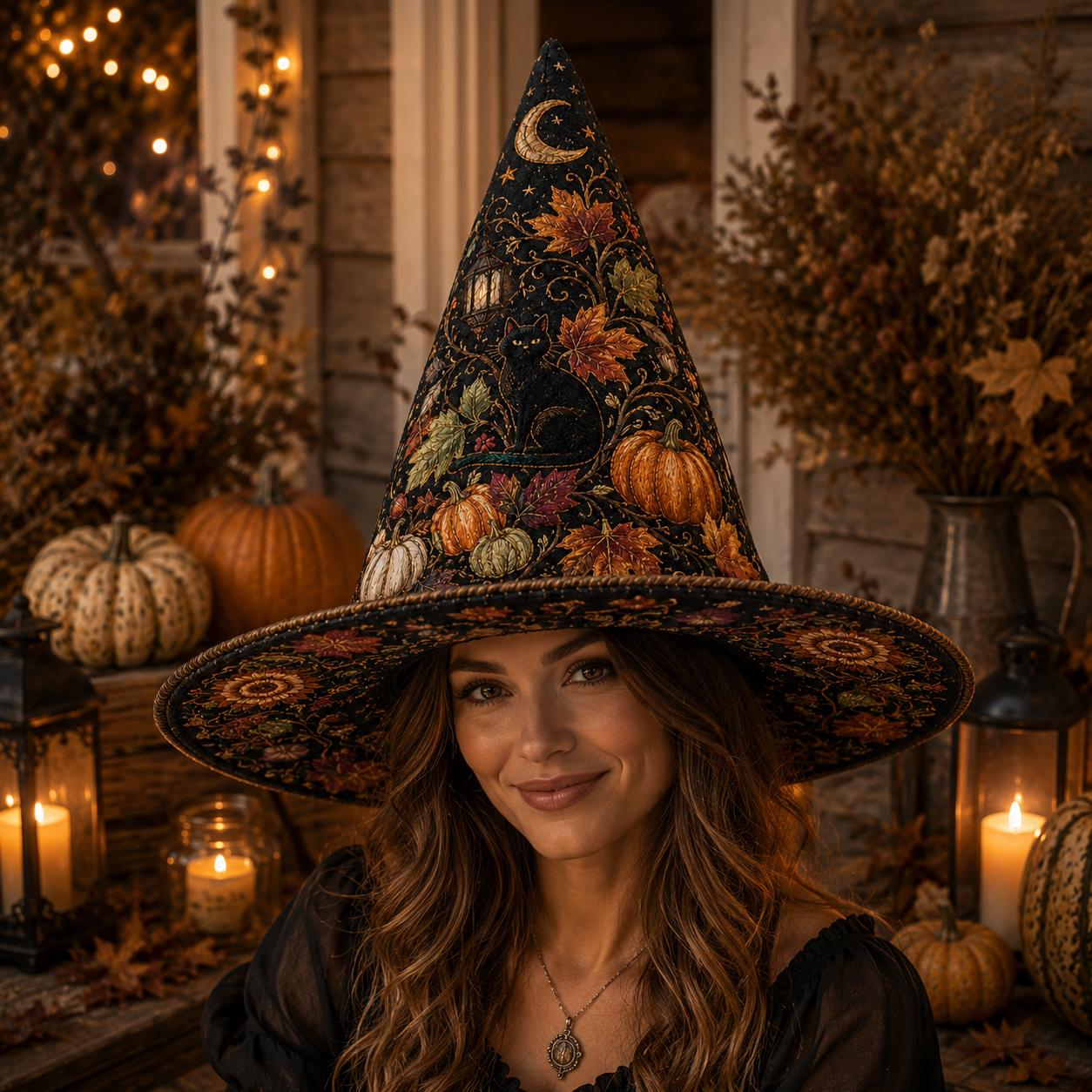 Quilted Witch Hat HG HG with Pumpkins, Autumn Decor Halloween Hat - Image 2