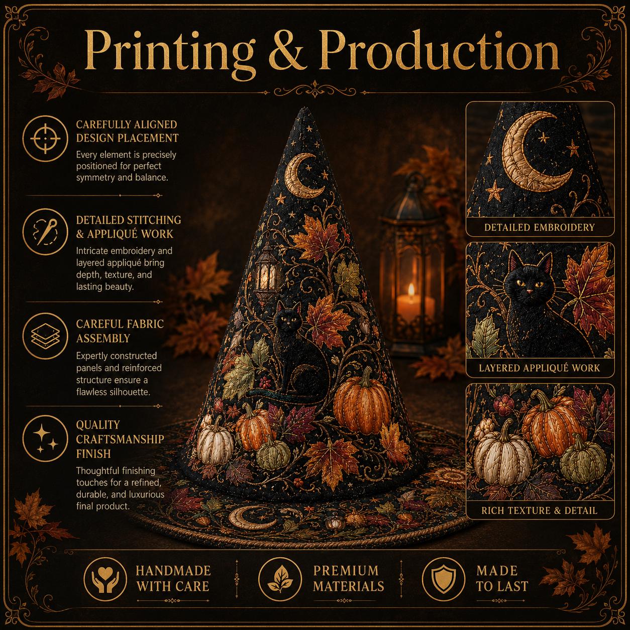 Quilted Witch Hat HG HG with Pumpkins, Autumn Decor Halloween Hat - Image 6