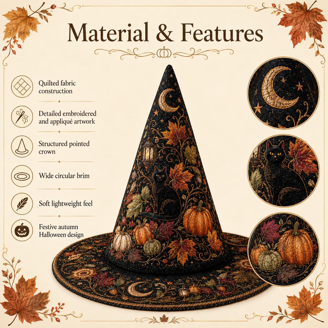 Quilted Witch Hat HG HG with Pumpkins, Autumn Decor Halloween Hat - Image 5