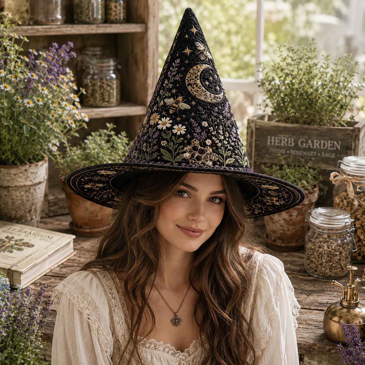 Bee Wildflower Quilted Witch Hat HG HG , Lavender Daisy Halloween Hat - Image 2