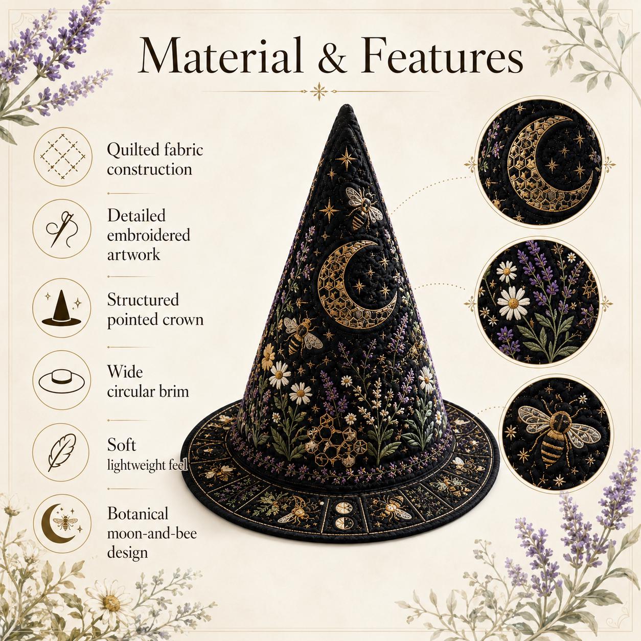 Bee Wildflower Quilted Witch Hat HG HG , Lavender Daisy Halloween Hat - Image 5