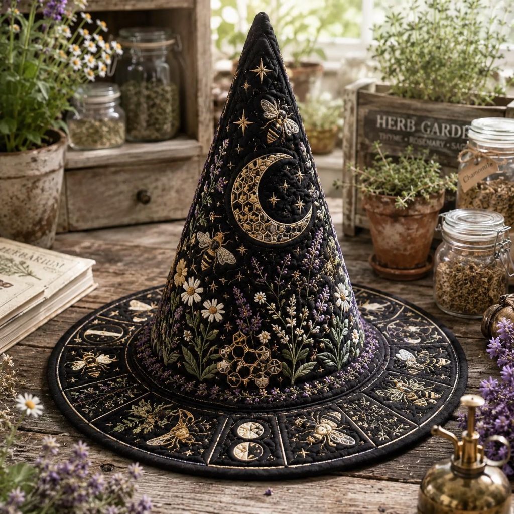 Bee Wildflower Quilted Witch Hat HG HG , Lavender Daisy Halloween Hat